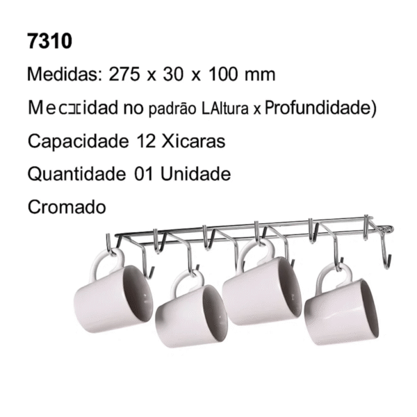 Porta Xícaras 7310 Suporte de Parede Cozinha com 6 Ganchos - Imagem 2