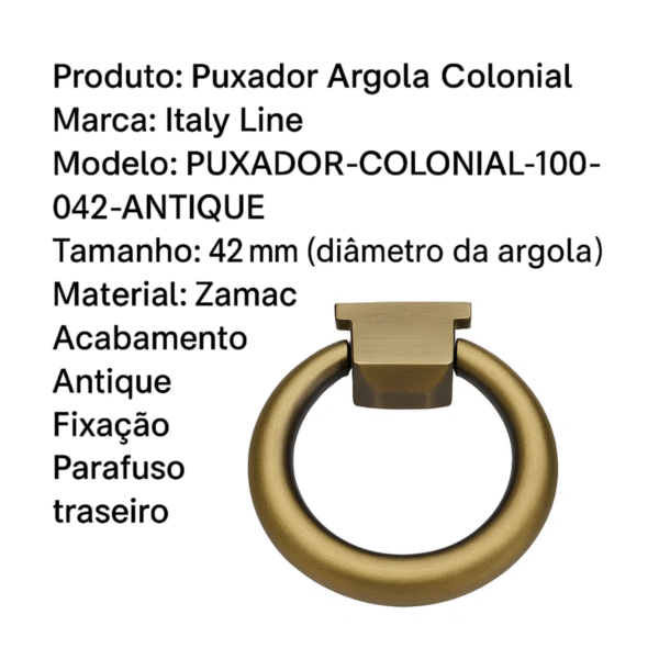 Puxador Argola Italy Line Colonial 100-042 42mm Para Gavetas - Imagem 2